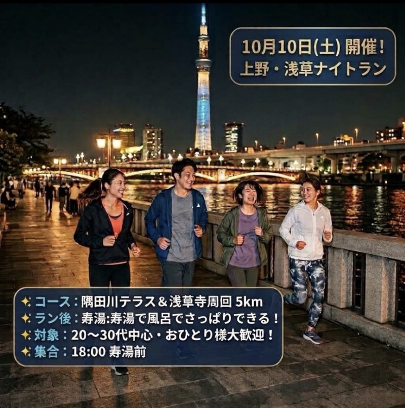 ⁠【20〜30代限定】夜景と銭湯でリフレッシュ！上野〜浅草ナイトラン5km＆大露天風呂【初心者歓迎】⁠