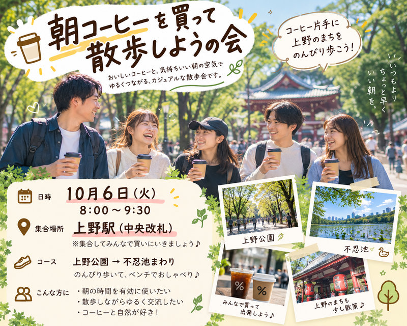 【上野さんぽ☕】朝コーヒーと公園・不忍池を楽しむ交流会✨