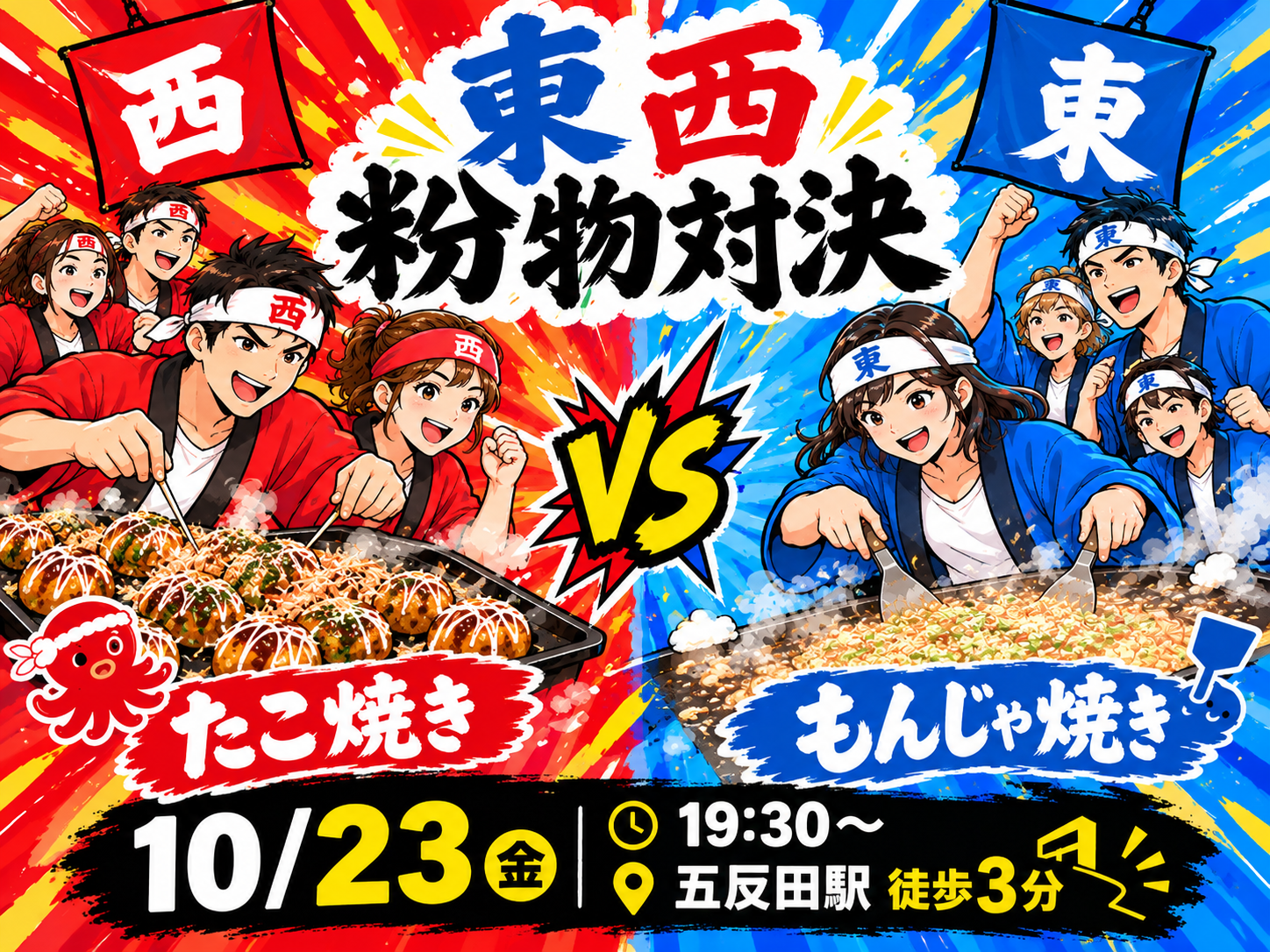 【10/23・五反田開催】東西粉物対決！たこ焼き vs もんじゃ焼き食べ比べ会🐙🔥限定15名でわいわい貸切