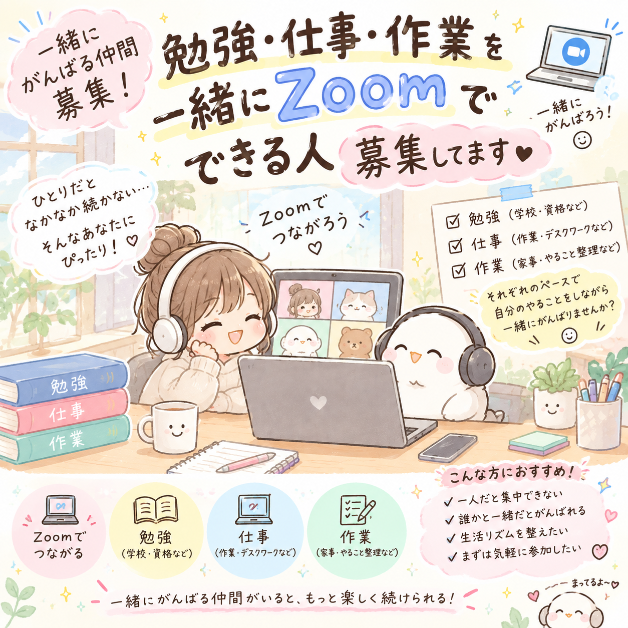 ゆるゆる進みましょう！勉強・仕事・作業を一緒にzoomでできる人募集してます♪
