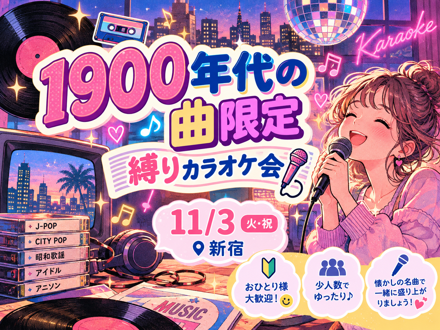 【1900年代の曲限定🎤】11/3(火・祝)懐メロ縛りカラオケ会✨🎤【新宿】【🔰おひとり様大歓迎✨🤗】【少人数】