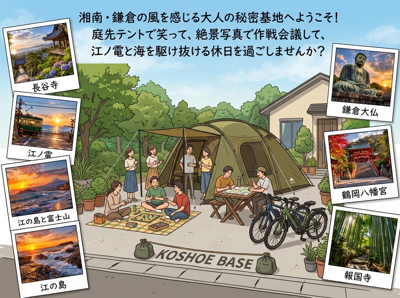 【鎌倉・腰越】庭先テントでボドゲ×絶景作戦会議！意気投合した仲間と電動チャリで巡る海街ポタリング【手ぶら/少人数限定】