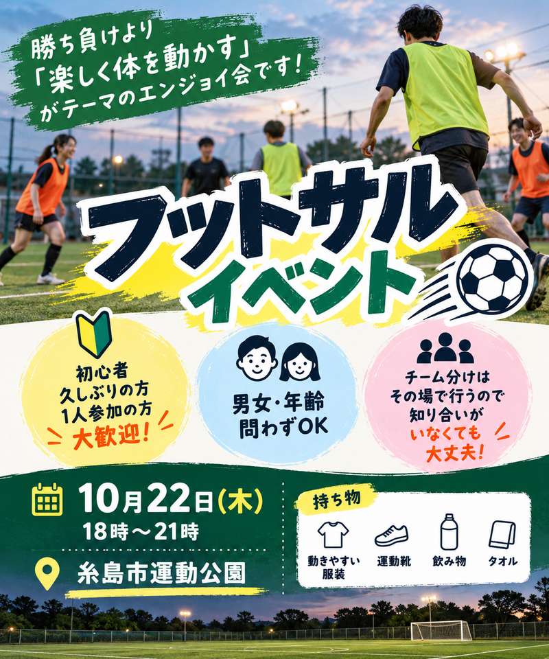 ゆるっとフットサル⚽
初心者・お1人様のご参加大歓迎！