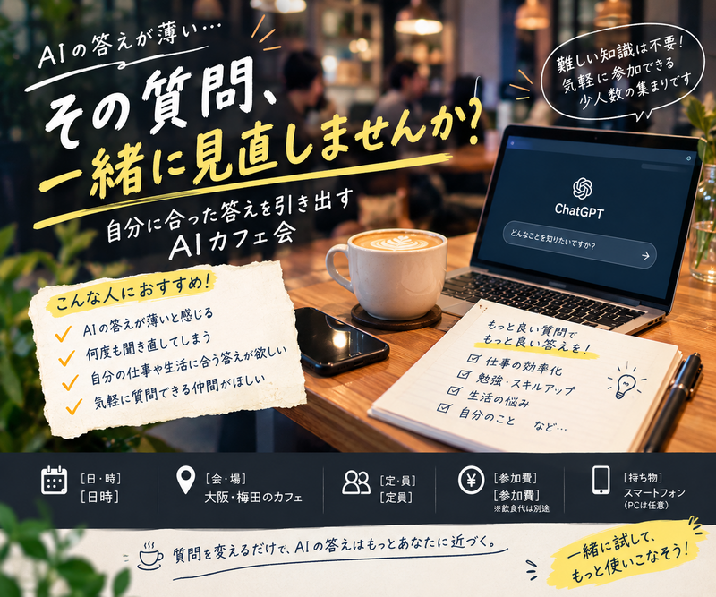 【10/24 大阪 】AIカフェ/質問力ブラッシュアップ会✨少人数限定／実践ワークで回答力アップ💡