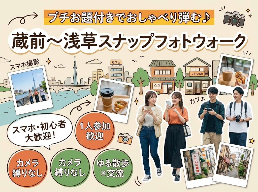 【スマホ参加OK】プチお題付きでおしゃべり弾む♪ 蔵前〜浅草スナップフォトウォーク【初心者・1人参加歓迎】
