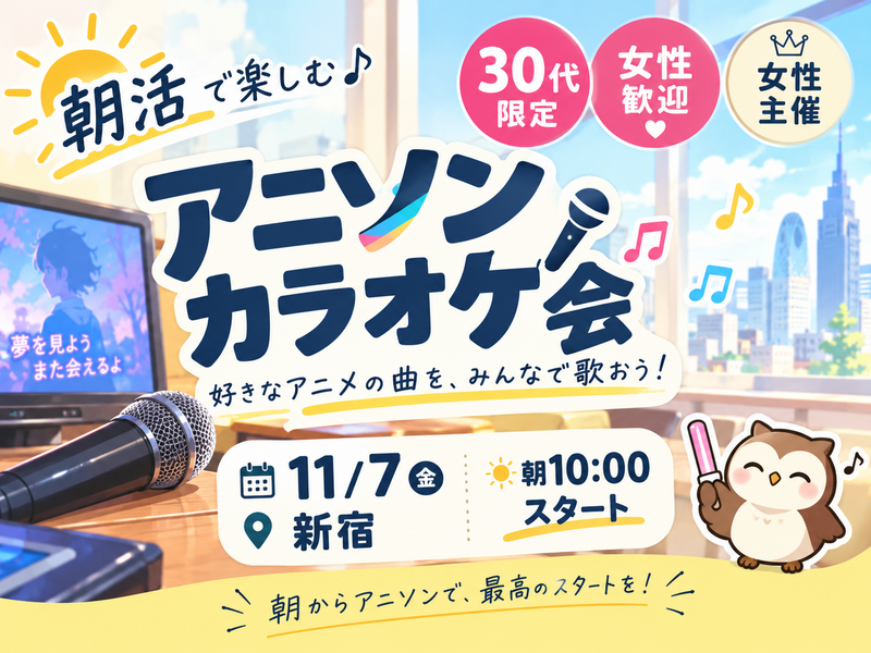 【11/7 新宿】朝活🌅朝10時開始！平成アニソン縛り！30代中盤限定カラオケ会（女性歓迎・女性主催）🎤✨