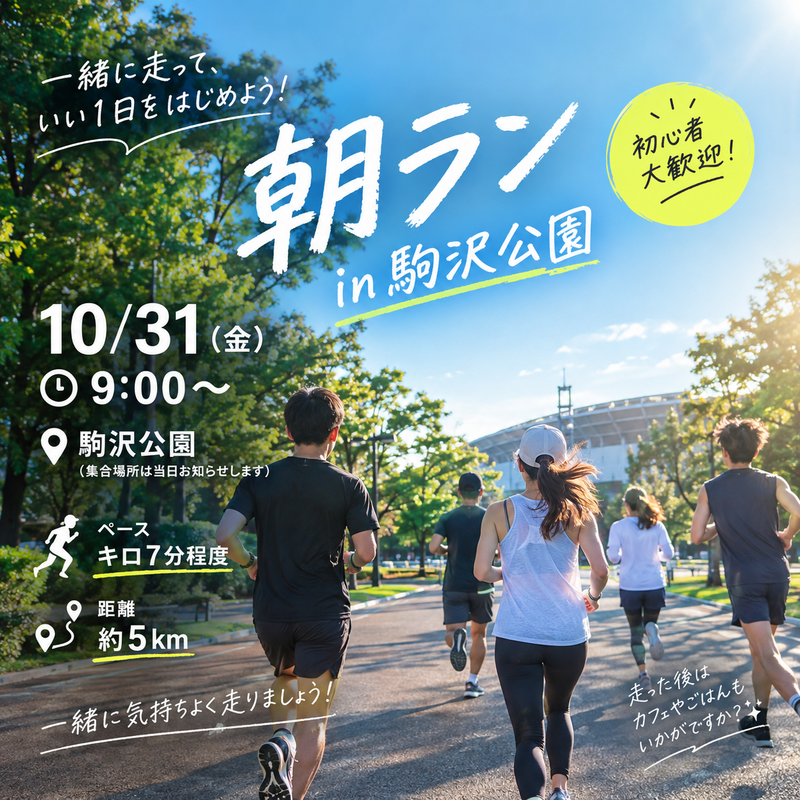 【参加無料】駒沢公園で朝ラン🏃‍♂️☀️ 
1km7分のおしゃべりペース｜20代中心・初心者＆1人参加歓迎