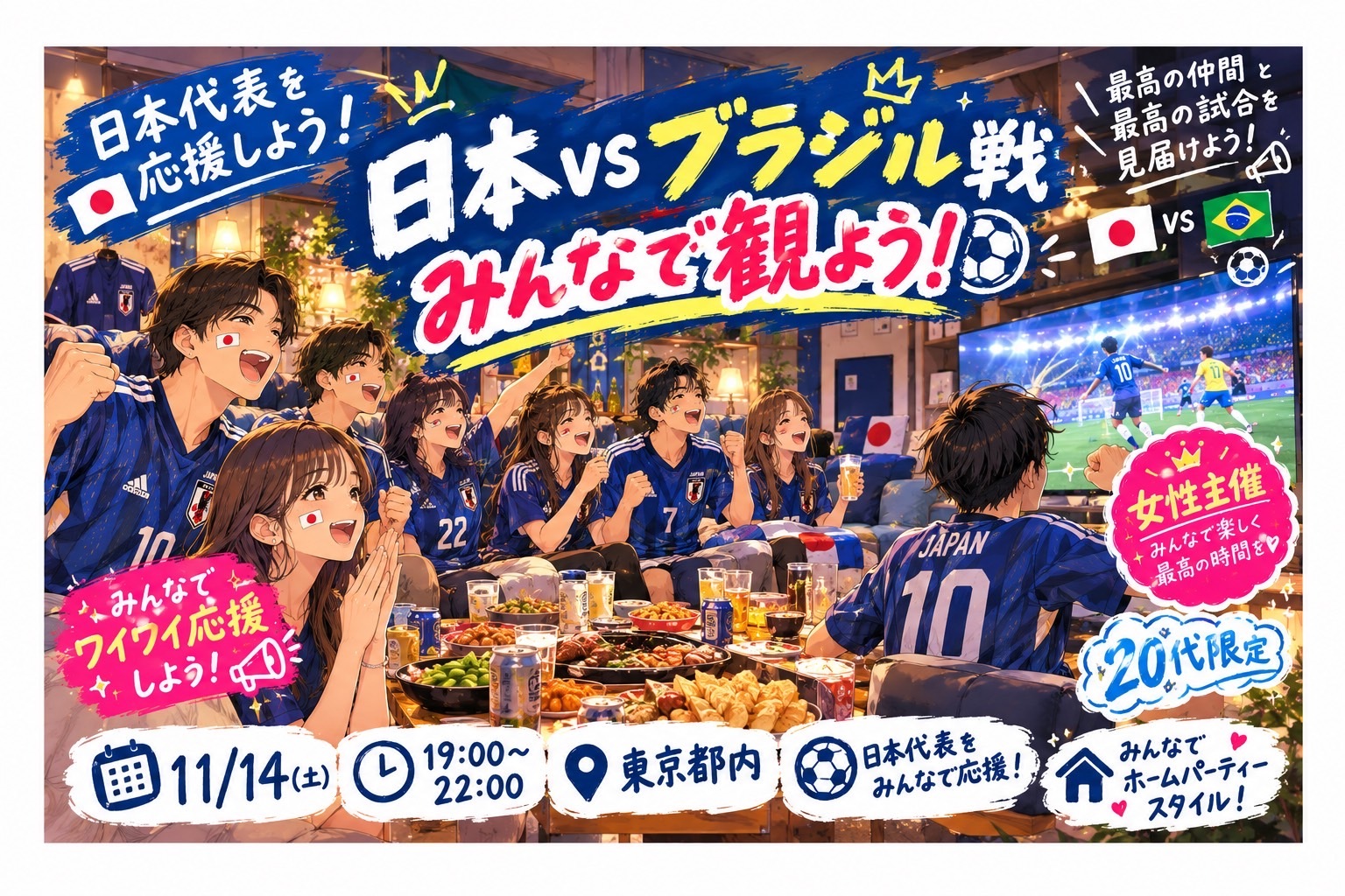 🇯🇵日本vsブラジル戦🇧🇷みんなで日本代表を応援しよう⚽️🔥20代限定❕