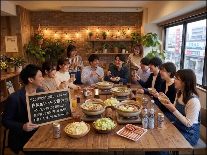 【20代限定】池袋のレンタルスペースで「白菜＆ソーセージ鍋会」🍲✨シンプルだからこそ美味しい！まったりおしゃべり交流会