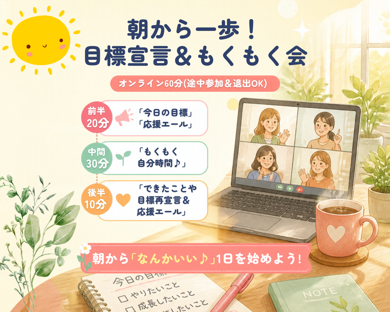 ☀️ 朝から1歩！目標宣言＆もくもく会📖  ̖́-