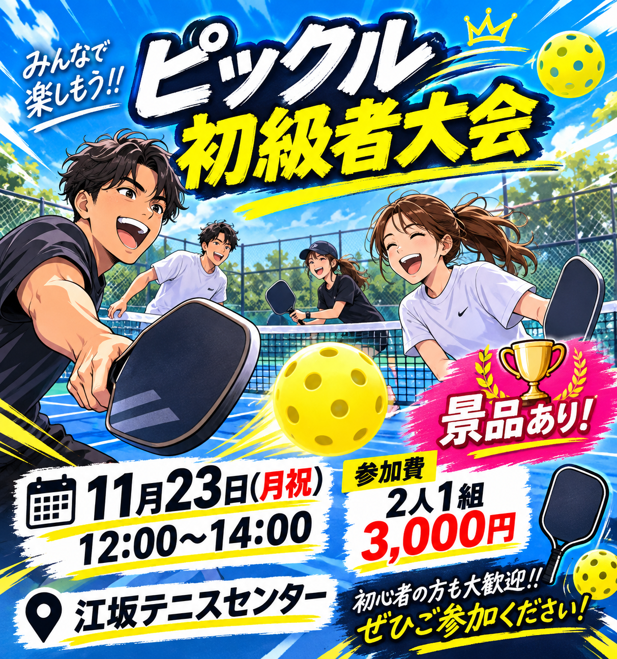 11月23日(月祝)12時から14時江坂テニスコート　ピックル大会(初級者編)開催！！！
景品もあります！！